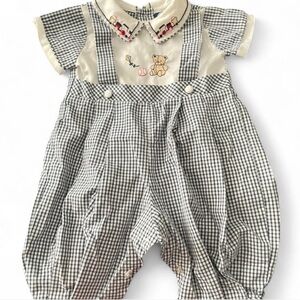 Vintage Kids Plaid Bears/Train Baby Romper 0-3M